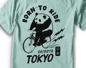 Panda Riding Bike Shirt Bicycle Ride Japan Tokyo Shibuya - Men sizes -  Hand Screenprinted