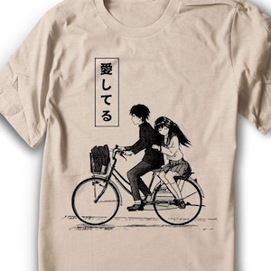 Japanese Anime Shirt Manga School Girl Senpai Couple Riding Bike   - Men  sizes -  Hand Screenprinted