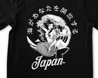 Camisa sereia Siren Great Wave Japão Sailor Sea Camiseta - Tamanhos masculinos - Serigrafia à mão