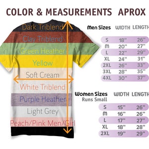Peut inclure: Un nuancier montrant les diff&eacute;rentes couleurs et tailles d'un t-shirt. Les couleurs sont : Dark Triblend, Clay Triblend, Green Heather, Yellow, Soft Cream, White Triblend, Purple Heather, Light Grey, et Peach/Pink. Les tailles sont : S, M, L, XL, 2XL, 3XL, 4XL pour hommes et S, M, L, XL, 2XL pour femmes. Les mesures sont en pouces.