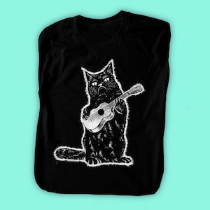 Ukulele shirt, Cat Shirt, Music Cat Lover gift - Funny Grumpy Cat t-shirt kitty Guitar - Men - Women sizes -  Hand Screenprinted