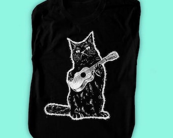 Ukulele shirt, Cat Shirt, Music Cat Lover gift - Funny Grumpy Cat t-shirt kitty Guitar - Men - Women sizes -  Hand Screenprinted