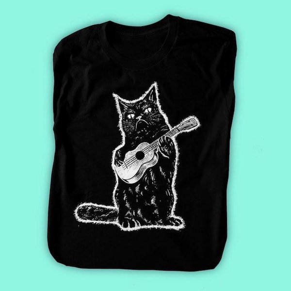 Ukulele shirt, Cat Shirt, Music Cat Lover gift - Funny Grumpy Cat t-shirt kitty Guitar - Men - Women sizes -  Hand Screenprinted