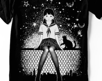 May include: Black and white illustration of a girl in a school uniform sitting on a fence with a cat. The background is a night sky with stars and crescent moons.