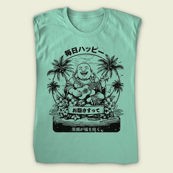 Ukulele Laughing Buddha T-shirt Hotei Hawaiian Beach Summer Surf