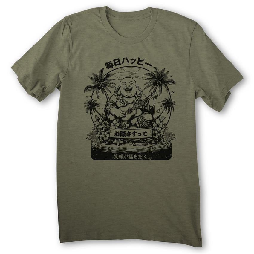 Ukulele Laughing Buddha T-shirt Hotei Hawaiian Beach Summer Surf