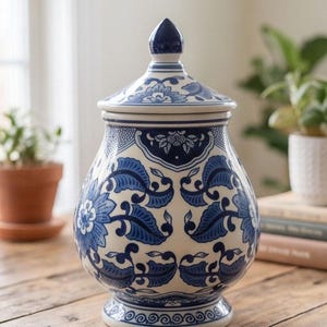 May include: A ceramic ginger jar with a lid, featuring a white base and a repeating blue floral and leaf pattern. The jar has a rounded body, a tapered neck, and a pointed finial on the lid, with decorative scrollwork along the base.