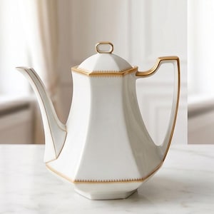 May include: A white porcelain teapot with a hexagonal body, featuring a gold-trimmed lid with a rectangular handle, a curved spout, and a gold-lined handle. The base and lid edges are decorated with a fine, repeating gold geometric pattern.