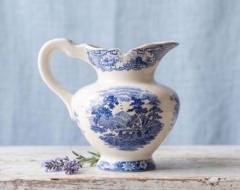 Vintage Blue and White Willow Style Transferware Ceramic Pitcher