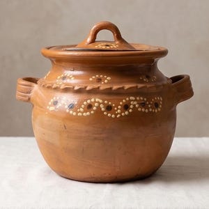 Vintage Mexican Clay Bean Pot with Lid | Hand-Painted Terracotta Olla de Barro