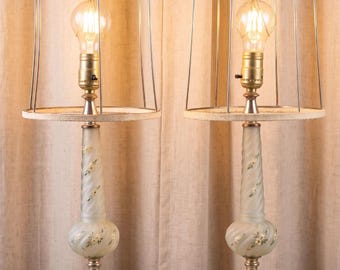 Vintage Pair of Hand-Painted Frosted Spiral Glass Table Lamps