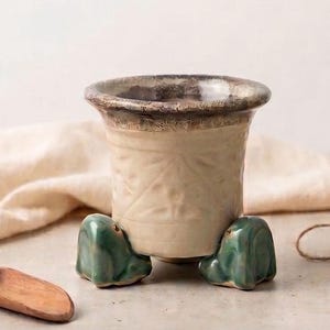 May include: A ceramic planter with a cream-colored body featuring a textured geometric pattern and a dark, mottled rim. The vessel is supported by three sculpted, glossy green frog-shaped feet that provide a stable base for the cylindrical pot.