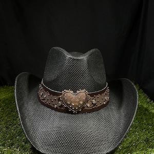 Black Woven Straw Cowboy Hat with Heart Accent Straw Cowboy Hat, Black Antiqued With a Beautiful Heart  main image 4