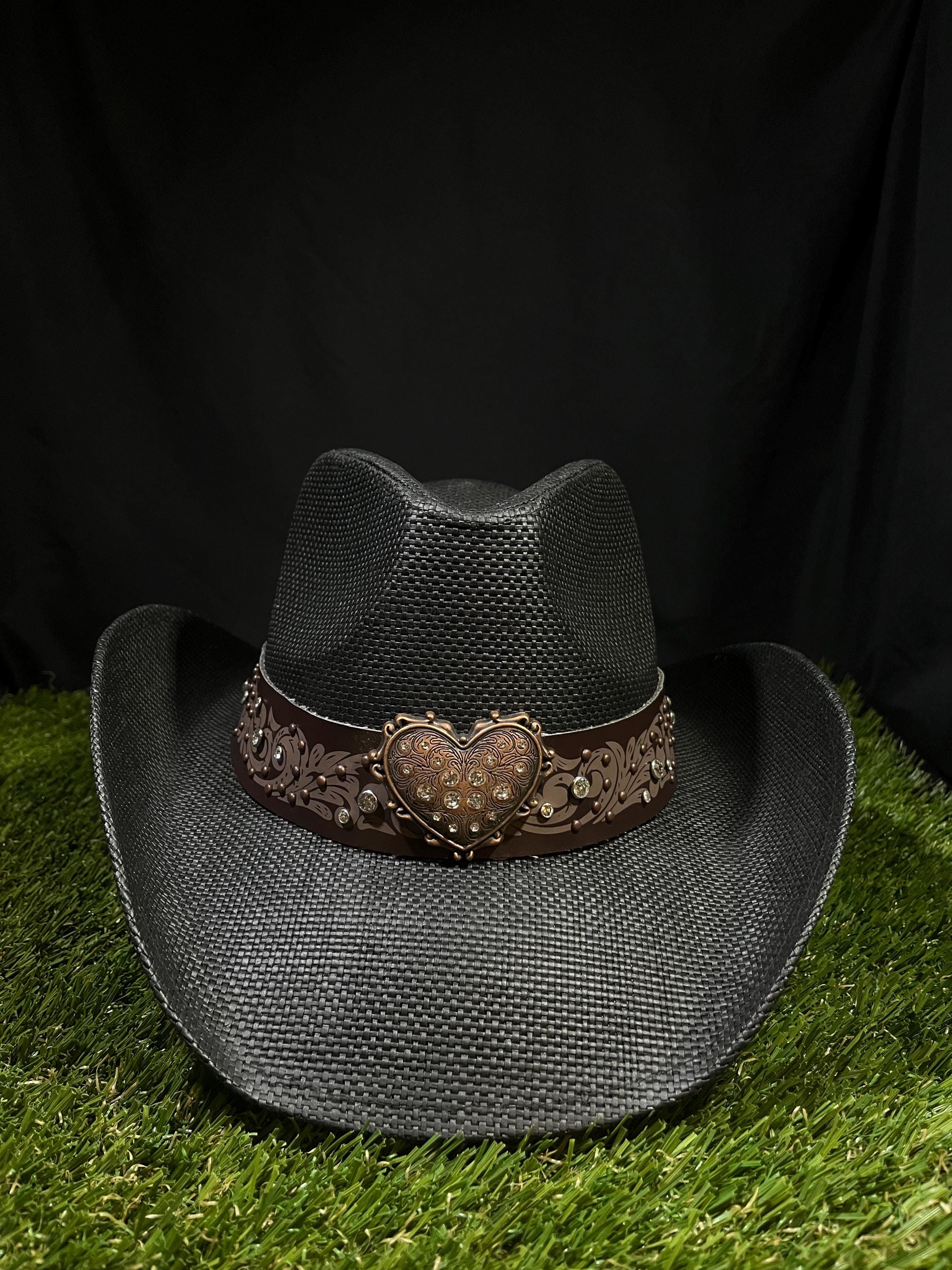 Black Straw Cowboy Hat - Brown Heart Band, Ranch Style Western Festival Accessory