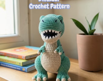 Schema all'uncinetto per dinosauro T-Rex in piedi / Giocattolo amigurumi intermedio in formato PDF