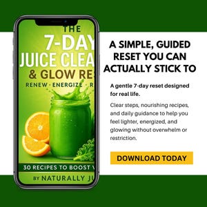K&ouml;nnte beinhalten: Ein Smartphone zeigt eine gr&uuml;ne Grafik f&uuml;r eine 7-Tage-Saftkur. Das Bild zeigt ein Glas gr&uuml;nen Saft, Orangenscheiben und den Text "30 Rezepte zum Boost" und "Heute herunterladen".