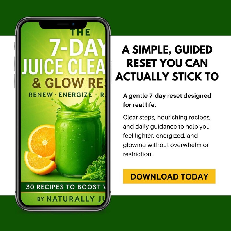 K&ouml;nnte beinhalten: Ein Smartphone zeigt eine gr&uuml;ne Grafik f&uuml;r eine 7-Tage-Saftkur. Das Bild zeigt ein Glas gr&uuml;nen Saft, Orangenscheiben und den Text "30 Rezepte zum Boost" und "Heute herunterladen".
