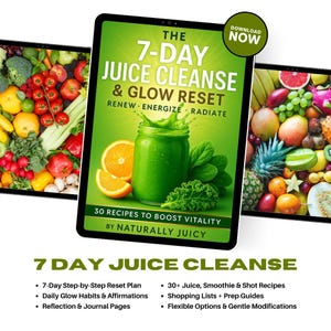 K&ouml;nnte beinhalten: Ein digitales Tablet zeigt das Cover des Buches "The 7-Day Juice Cleanse & Glow Reset". Das Cover zeigt einen gr&uuml;nen Saft in einem Glas mit Orangenscheiben und Gr&uuml;nkohl. Das Tablet ist von Bildern von frischem Obst und Gem&uuml;se umgeben.