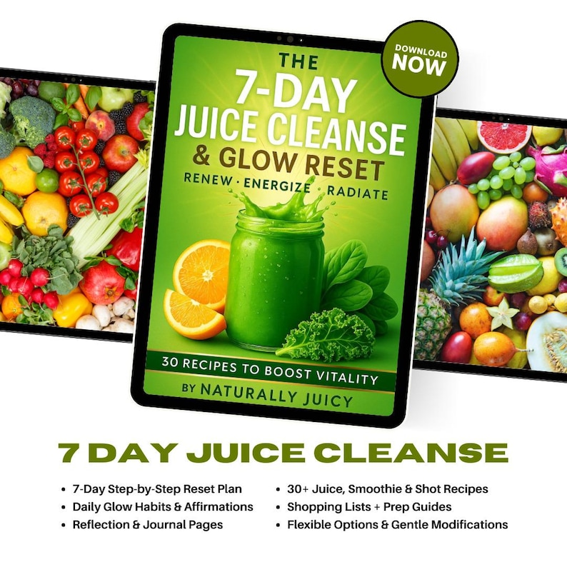 K&ouml;nnte beinhalten: Ein digitales Tablet zeigt das Cover des Buches "The 7-Day Juice Cleanse & Glow Reset". Das Cover zeigt einen gr&uuml;nen Saft in einem Glas mit Orangenscheiben und Gr&uuml;nkohl. Das Tablet ist von Bildern von frischem Obst und Gem&uuml;se umgeben.