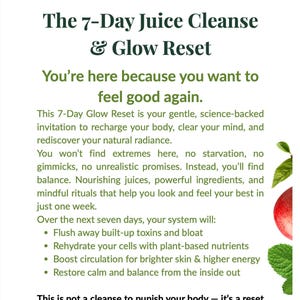 K&ouml;nnte beinhalten: Text auf wei&szlig;em Hintergrund mit der Aufschrift "The 7-Day Juice Cleanse & Glow Reset". Der Text beschreibt ein sanftes Reset zur Erholung von K&ouml;rper und Geist. Er listet Vorteile wie Entgiftung, Zellhydrierung und verbesserte Durchblutung auf.