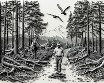 Deer Mountain Laser Engraving File | Double Exposure Wildlife Scene (JPG, PNG)