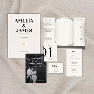 結婚式招待状セット：モダンでミニマルなエディトリアルスタイル（Canva編集可能）
