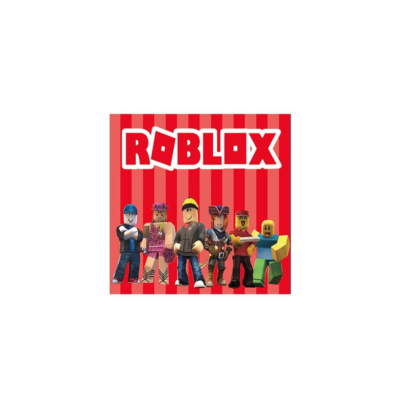 Puede incluir: Un fondo rojo con rayas verticales blancas y la palabra "ROBLOX" en letras blancas. Seis personajes de Roblox est&aacute;n de pie frente al fondo, cada uno con un atuendo y una expresi&oacute;n &uacute;nicos.