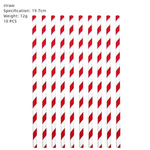 Puede incluir: Un conjunto de pajitas de papel a rayas rojas y blancas. El texto de la imagen dice "straw, Specification: 19.7cm, Weight: 12g, 10 PCS."