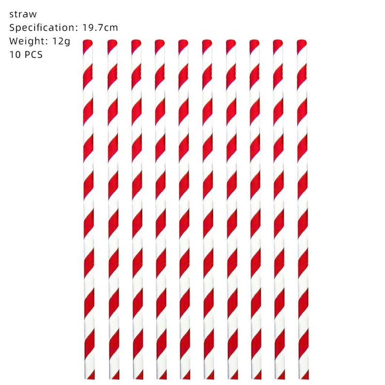 Puede incluir: Un conjunto de pajitas de papel a rayas rojas y blancas. El texto de la imagen dice "straw, Specification: 19.7cm, Weight: 12g, 10 PCS."