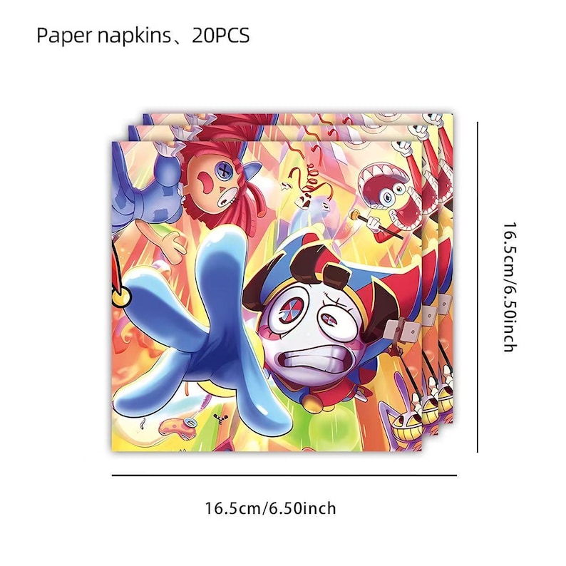 May include: Paper napkins with a colorful cartoon design. Each napkin measures 6.50 inches (16.5cm) square and features a vibrant illustration of animated characters. The text "Paper napkins, 20PCS" is printed at the top.