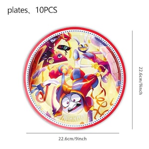 May include: Round paper plate with a red border and a colorful cartoon design. The plate is 9 inches (22.6 cm) in diameter and features a whimsical character with a jester hat. The text "plates, 10PCS" is visible.
