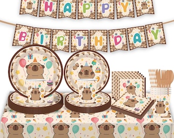 Kapibara-serviesset verjaardagsfeestje: borden, kopjes, tafelkleed