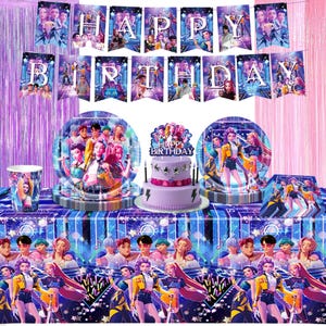 May include: A birthday party set featuring a banner reading "HAPPY BIRTHDAY", plates, cups, a cake, and a tablecloth. The colour scheme is purple, blue, and pink, with images of people. A festive party theme.