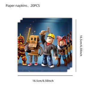 Puede incluir: Servilletas de papel cuadradas con personajes de dibujos animados, cada servilleta mide 16,5 cm por lado. Las servilletas tienen un fondo azul y el texto "Paper napkins, 20PCS".