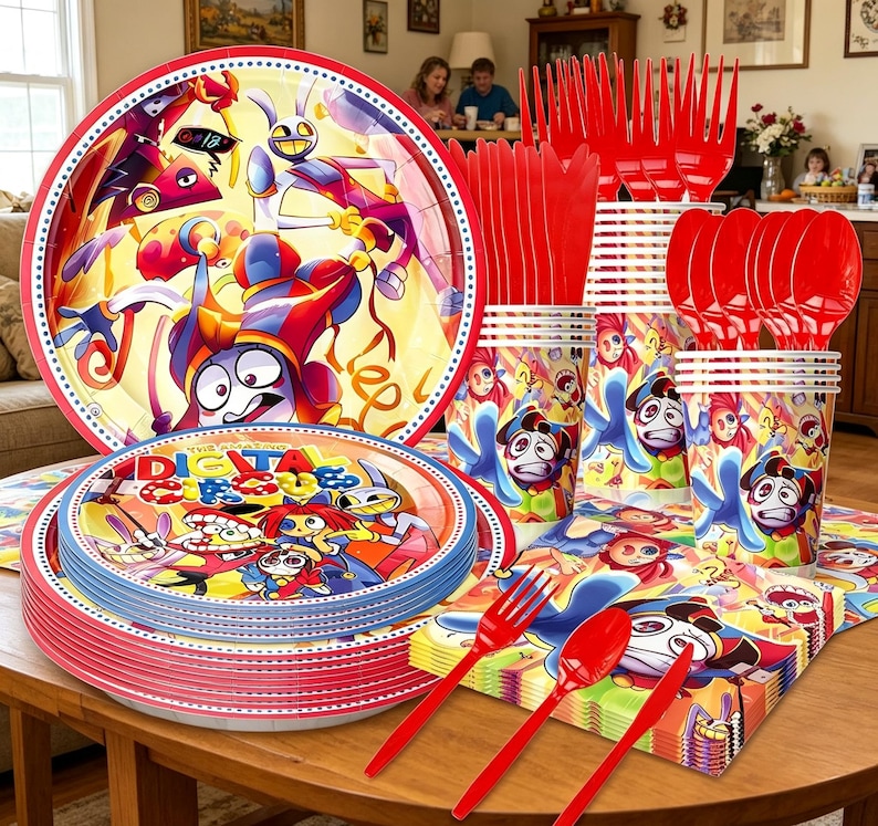 May include: A colorful party supplies set featuring plates, cups, cutlery, and napkins. The plates and cups have a cartoon character design with red, yellow, blue, and purple accents. Red forks, spoons, and knives are included.