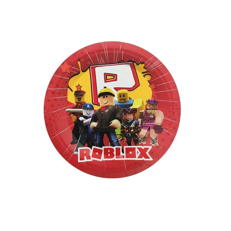 Puede incluir: Un plato de papel rojo con personajes de Roblox. El plato tiene un dise&ntilde;o de explosi&oacute;n amarilla con estrellas y el logotipo de Roblox en blanco. Los personajes visten varios atuendos.