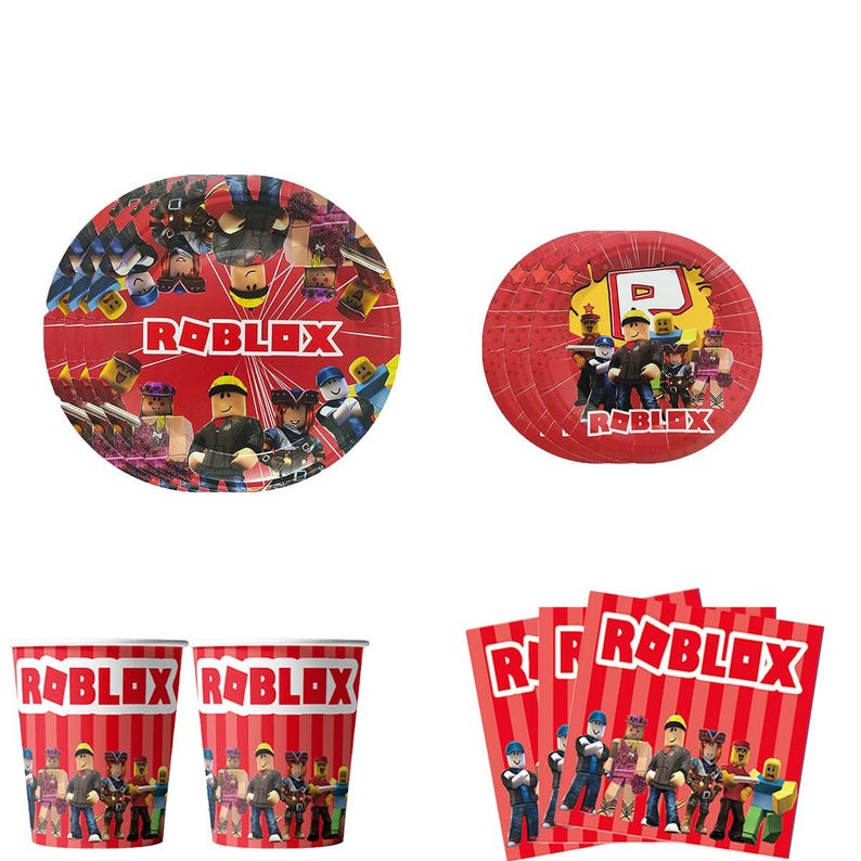 Puede incluir: Un conjunto de suministros para fiestas de color rojo con el logotipo y los personajes de Roblox. El conjunto incluye platos grandes y peque&ntilde;os, vasos y servilletas. Los platos y vasos tienen un patr&oacute;n de rayas rojas y blancas. El logotipo de Roblox se muestra en cada art&iacute;culo.