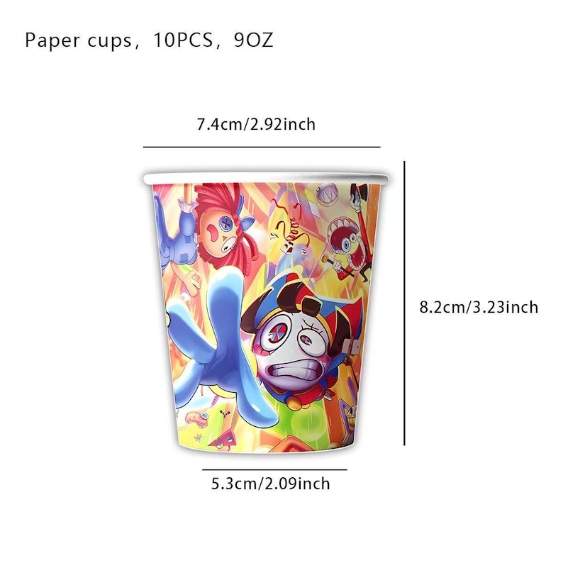 May include: Paper cups with a colorful cartoon design. The cups are 3.23 inches tall, 2.92 inches wide, and 2.09 inches across the base. The text on the image says "Paper cups, 10PCS, 9OZ".