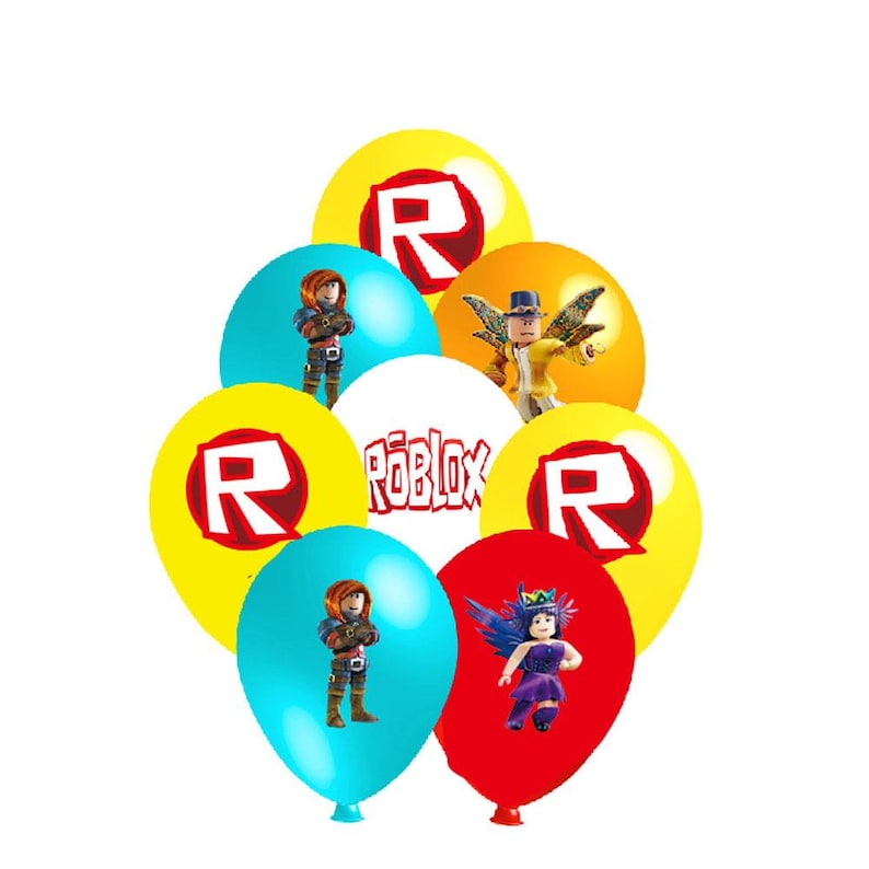 Puede incluir: Un conjunto de globos coloridos con personajes y logotipos de Roblox. Los globos son de varios colores, incluyendo amarillo, azul y rojo, con el logotipo "R" de Roblox en un lugar destacado. Algunos globos tienen ilustraciones de personajes.