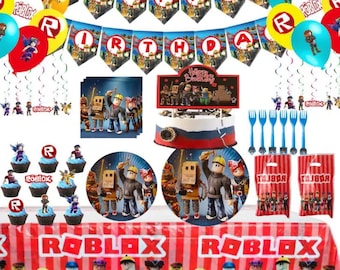 Kit de decoración para fiesta de cumpleaños de Roblox: todo en uno, con fondo y vajilla, temática azul para niños.