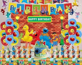Kit de decoración para fiesta de cumpleaños de Barrio Sésamo: pancartas, globos, mantel, telón de fondo y adornos para tartas.