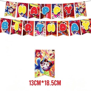 May include: A colorful banner with the word "HAPPY BIRTHDAY" printed on individual pennants. Each pennant features a cartoon character and a letter in a bold, playful font. The banner is 13cm x 18.5cm.