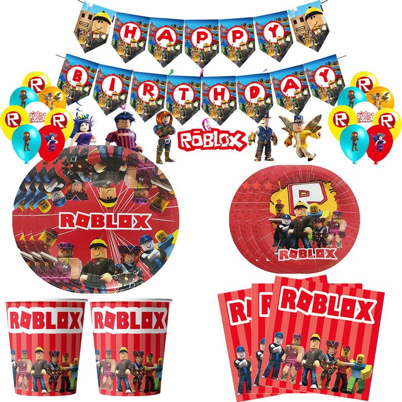 Puede incluir: Un conjunto de suministros para fiestas tem&aacute;ticas de Roblox, que incluyen platos, vasos, globos y una pancarta que dice "Happy Birthday". Los art&iacute;culos presentan personajes de Roblox y el logotipo de Roblox en rojo, blanco y azul.