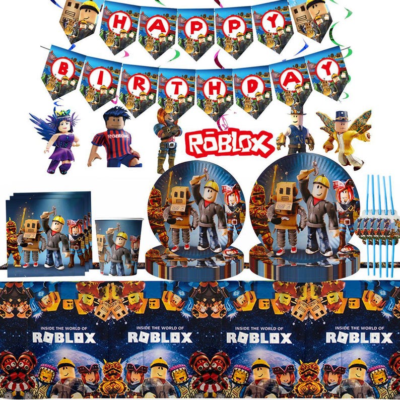 Puede incluir: Un conjunto de suministros para fiestas tem&aacute;ticas de Roblox, que incluye una pancarta que dice "Happy Birthday", platos, vasos y un mantel. La combinaci&oacute;n de colores es principalmente azul, rojo y amarillo, con ilustraciones de personajes.