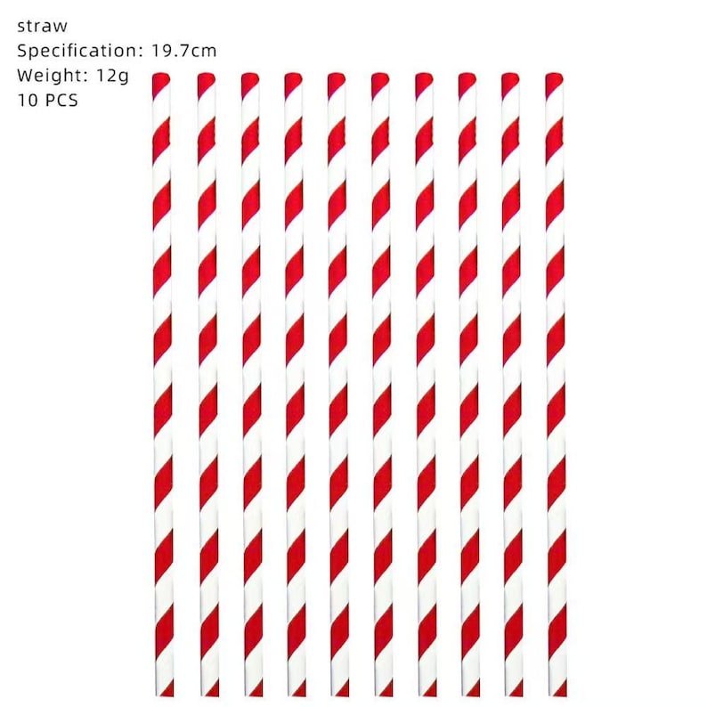 May include: A collection of red and white striped straws. The image includes the text "straw", "Specification: 19.7cm", "Weight: 12g", and "10 PCS". The straws are arranged vertically against a white background.