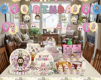 Artículos para fiesta de cumpleaños de Monster Bunny: set de decoración con temática de elfo de dibujos animados en rosa y beige