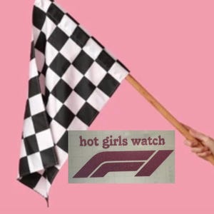 May include: A checkered black and white racing flag with a wooden pole. Below the flag is a maroon sticker with the text "hot girls watch" and a Formula 1 logo. The background is pink.