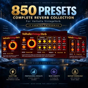 Può includere: Una grafica di prodotto digitale intitolata 850 PRESETS COMPLETE REVERB COLLECTION per Valhalla VintageVerb. Mostra tre pannelli di interfaccia con controlli circolari arancioni, etichette di testo e valori numerici su uno sfondo spaziale blu scuro.