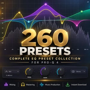Peut inclure: Un graphique numérique affichant 260 PRESETS COMPLETE EQ PRESET COLLECTION FOR PRO-Q 4 en texte doré. L'arrière-plan présente une interface d'égaliseur sombre avec des courbes de fréquence colorées, trois boutons de contrôle noirs et des icônes.