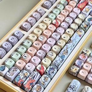 May include: A custom mechanical keyboard with pastel-colored keycaps featuring cartoon illustrations. The keyboard has a yellow frame and includes extra keycaps. A small succulent plant in a terracotta pot sits nearby. A separate white keyboard is in the background.